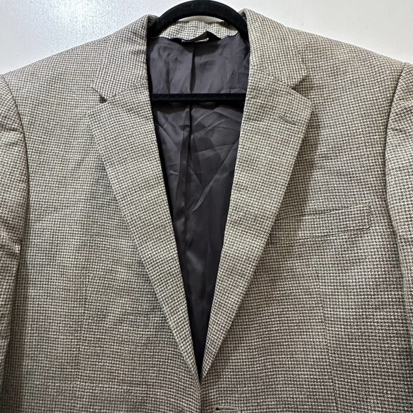 Jos A Bank Silk Wool Blazer Traveler's Collection 44L Houndstooth Brown Tan - Picture 3 of 13